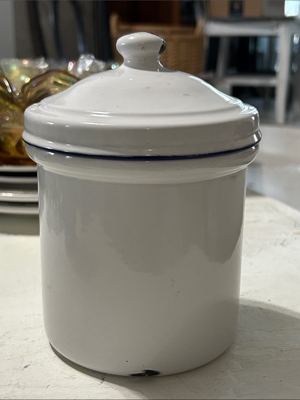 Vintage Enamelware Lidded Canister with Blue Rim
